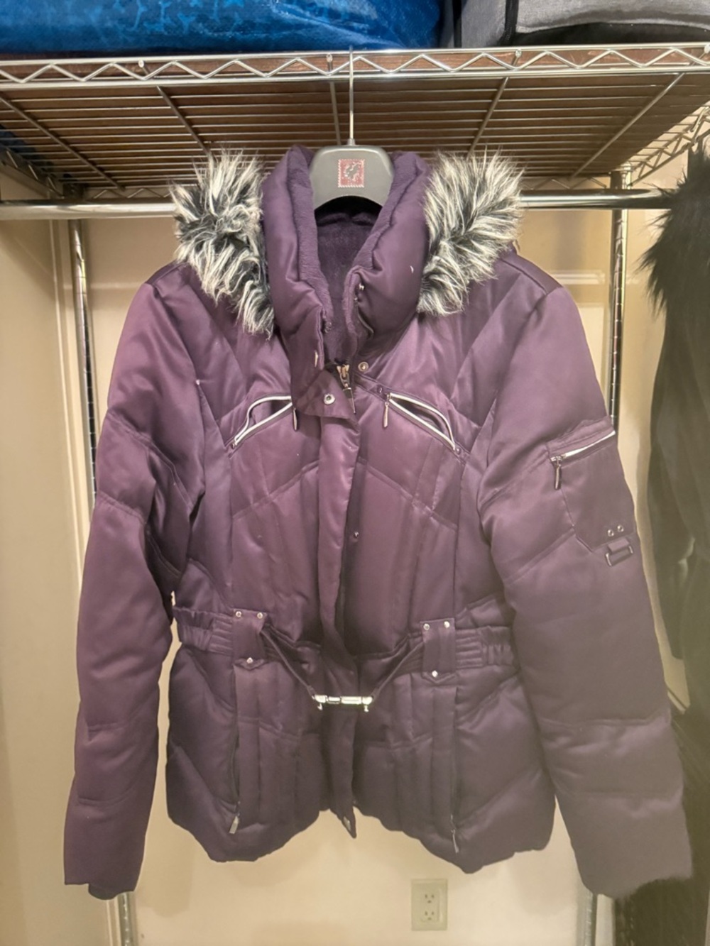 a.n.a Dark Purple Quilted Puffer Jacket with Faux Fur Hood